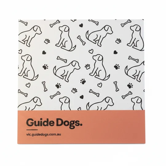 Lens cloth with Guide Dogs logo, patterned with a dog and bones.