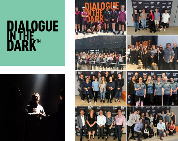 A series of pictures including: a man standing in the dark with light shining through the ceiling, the Dialogue logo, and a selection of group shots of Dialogue participants