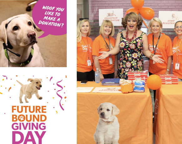 A series of imagery promoting Giving Day including: Giving Day marketing material and an image of Guide Dogs volunteers and staff at a registration table