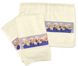 Handtowel decorated with Labrador puppies.