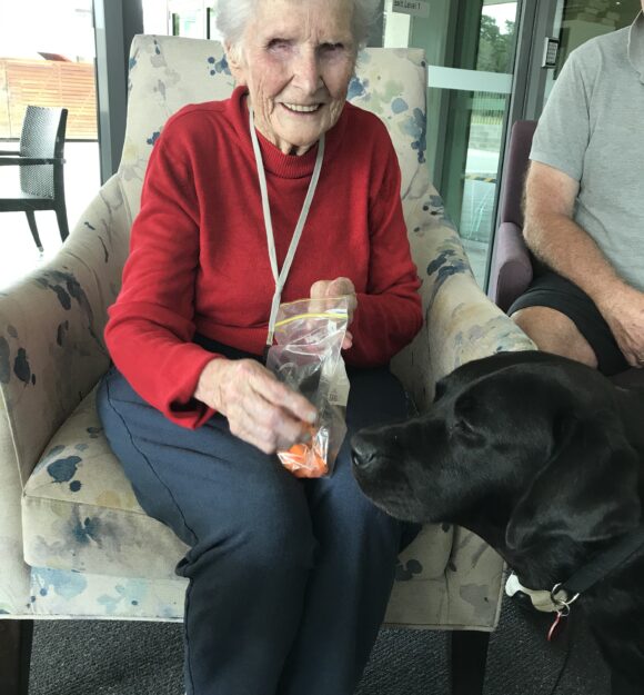 Joan getting ready to give Ambassador Dog Quota his quota of carrot treats!