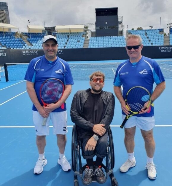 (Left to right) Adam Fayad, Blind Tennis Player, Dylan Alcott, Wheelchair Tennis athlete and Rob Fletcher, Blind Tennis player.