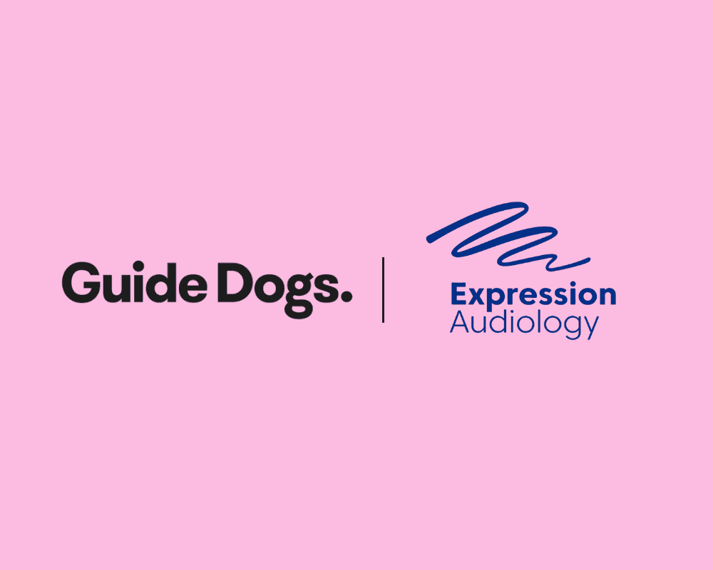 Guide Dogs and Expression Audiology logo on a pink background.
