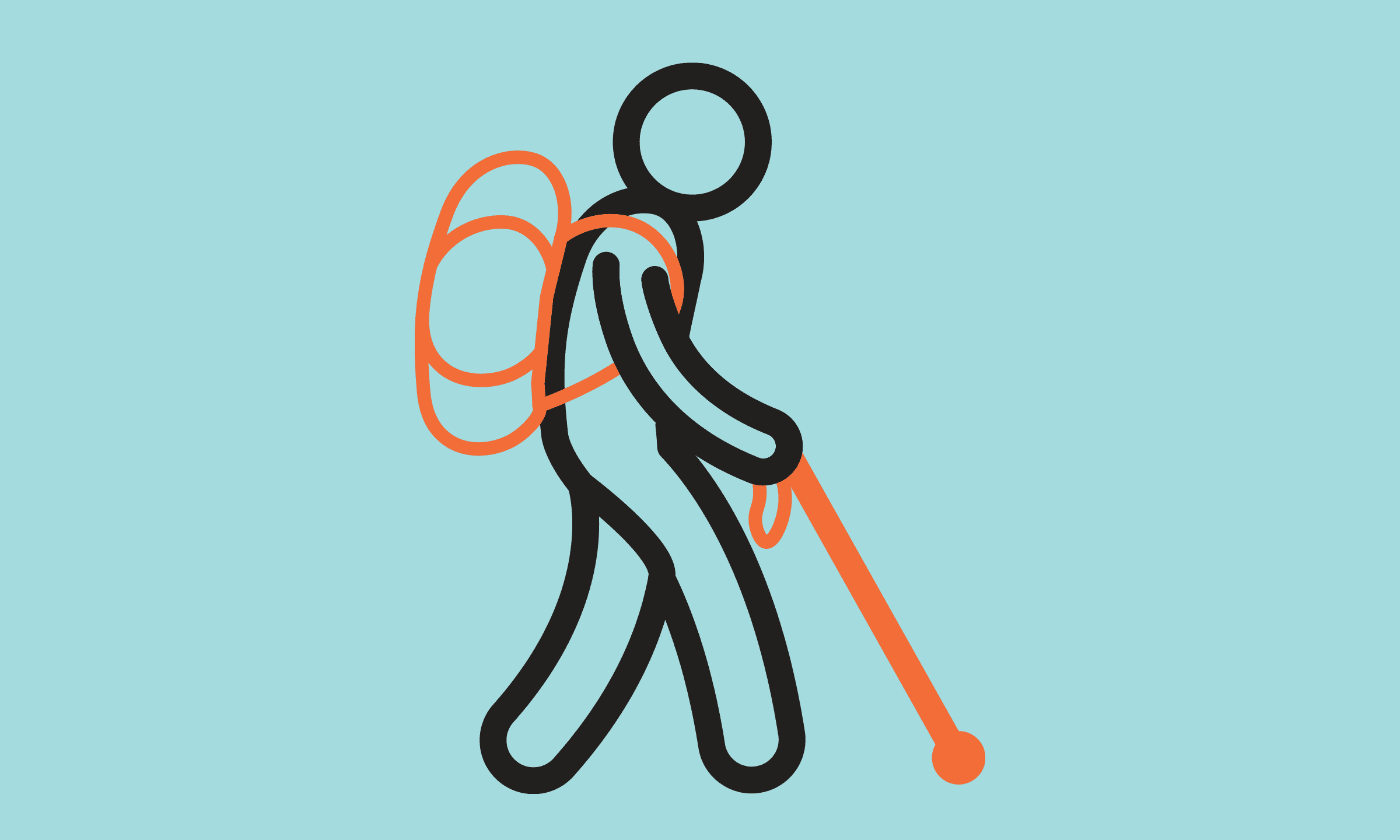 A blue rectangle which features an illustrated person walking with their cane, and wearing a backpack