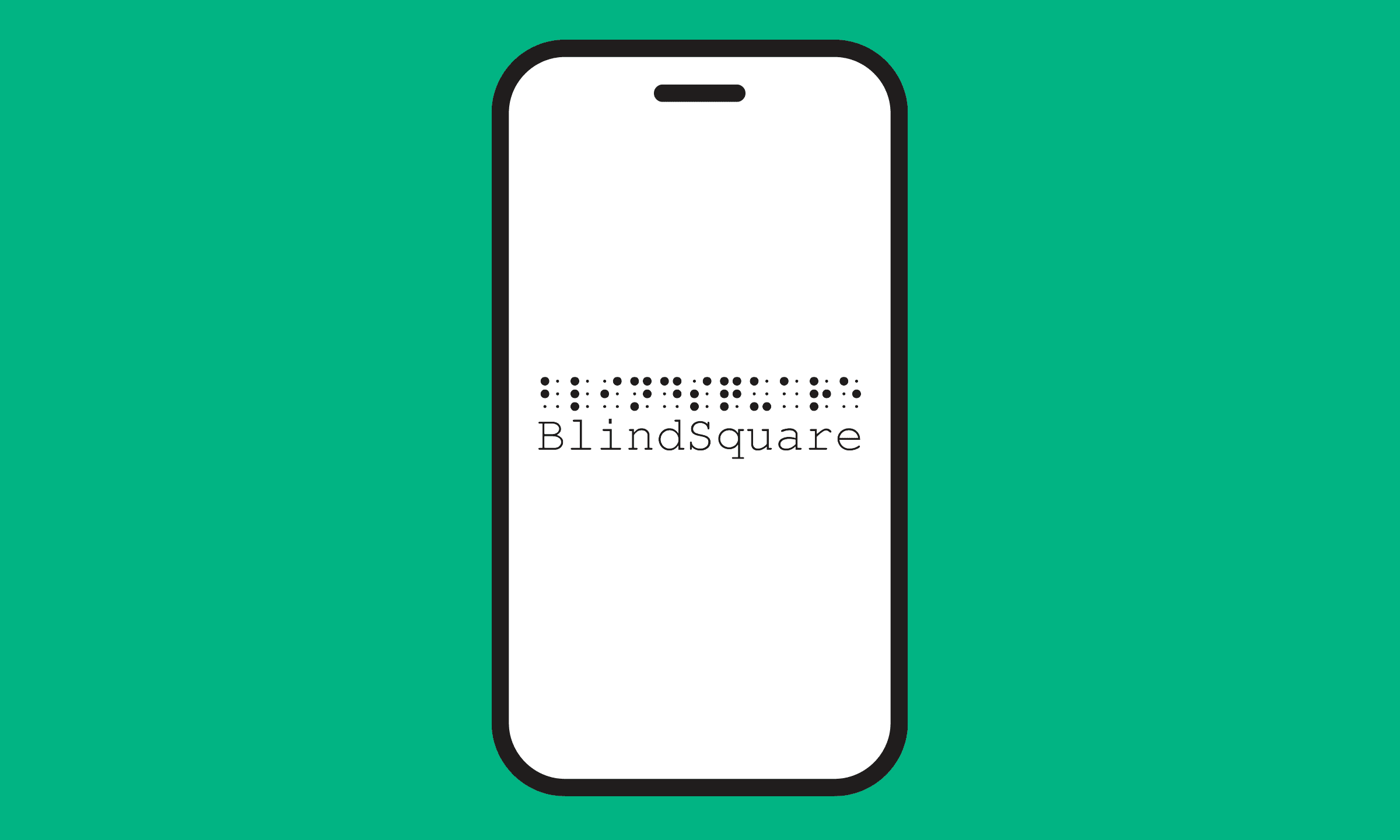 A green rectangle with an iphone in the centre. On the phone screen is the logo for Blindsquare