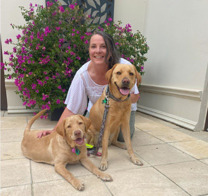 Dee crouched behind yellow Labradors, Sarah (lying down) and Dot (sitting). Behind them is a purple flower bush.