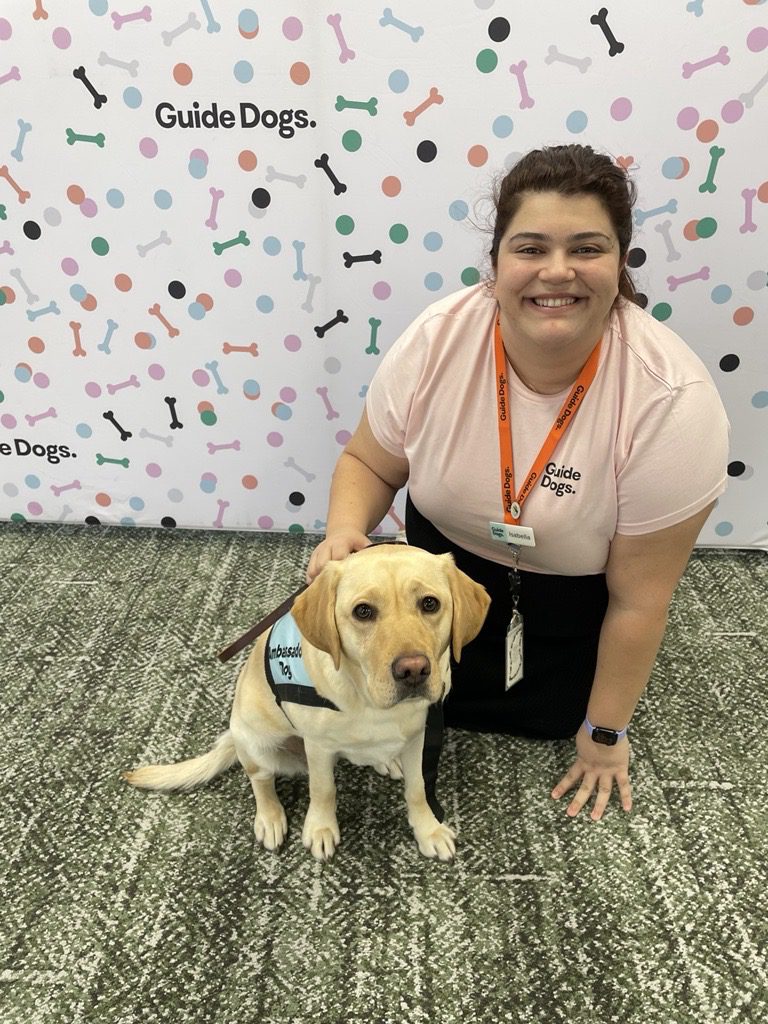 A Guide Dogs staff member kneels on the ground smiling, next to yellow Ambassador Dog Millie.