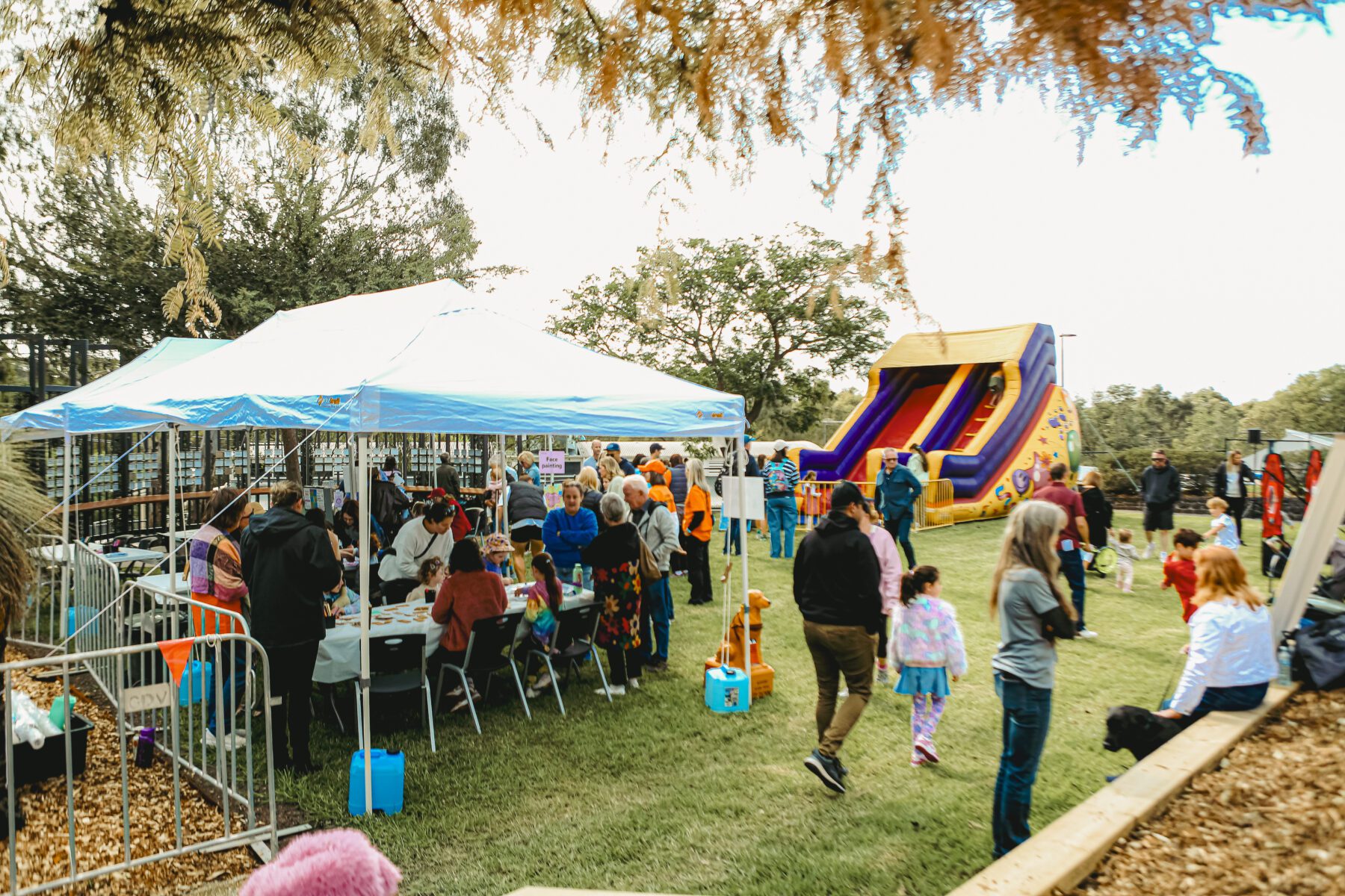 Kids Zone at the Guide Dogs Community Fair. Stalls with activities and a big blow up slide are set up on the grass.