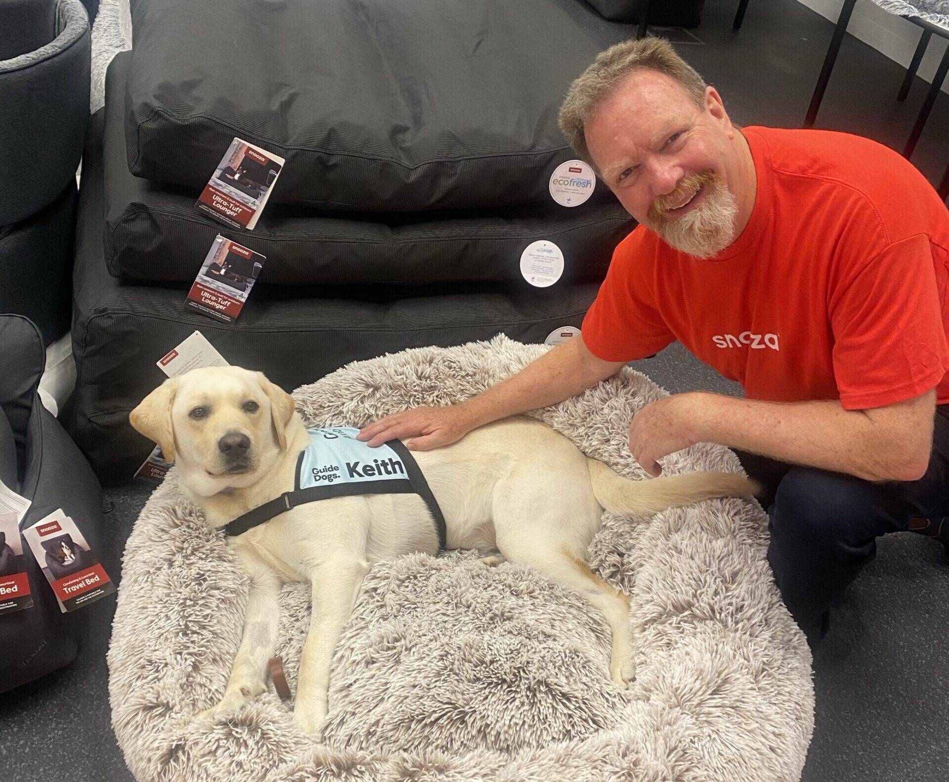 Keith laying on a Snooza bed, being pet by a Snooza employee.
