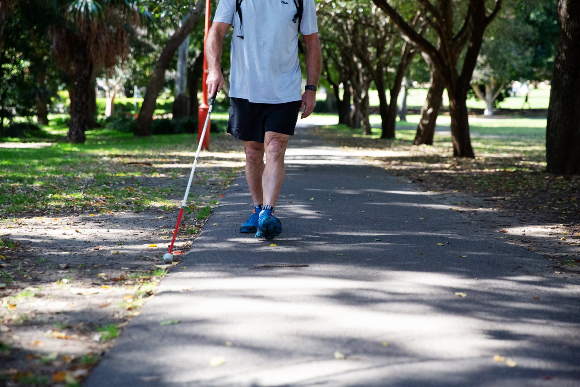A person using their white cane while walking down a path in a park.