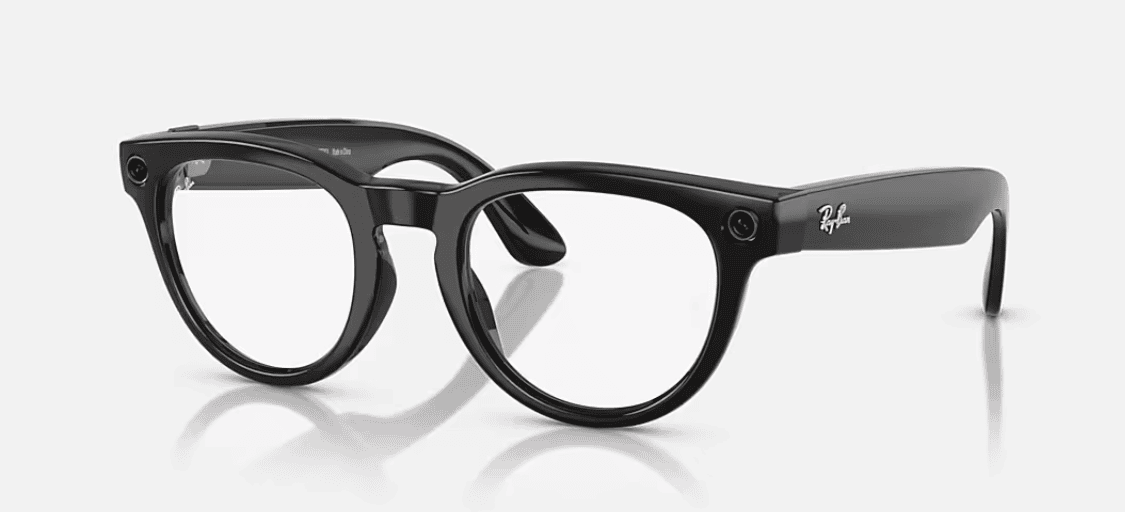 Meta Ray-Ban frames with the camera visible on the arm hinges.