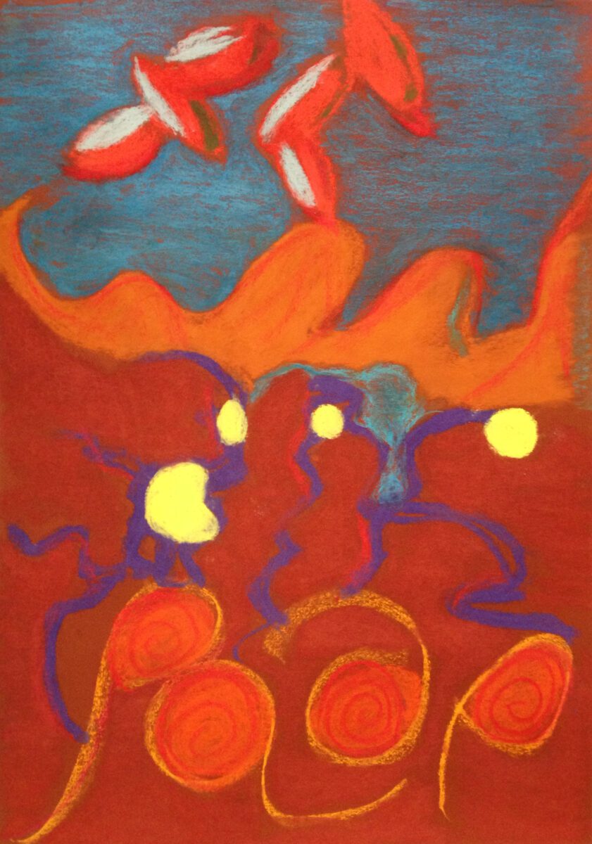 Abstract painting with red and white fish-like shapes on a blue background, transitioning into orange and yellow waves, and a red lower section with yellow circles, blue squiggles, and bright yellow dots.