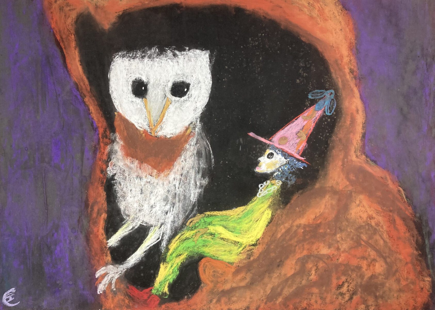 A whimsical painting of a figure in a bright green outfit and pink pointed hat sitting inside an orange cave, interacting with a white bird-like creature with red feet. The background features dark tones with purple and orange hues framing the cave entrance.