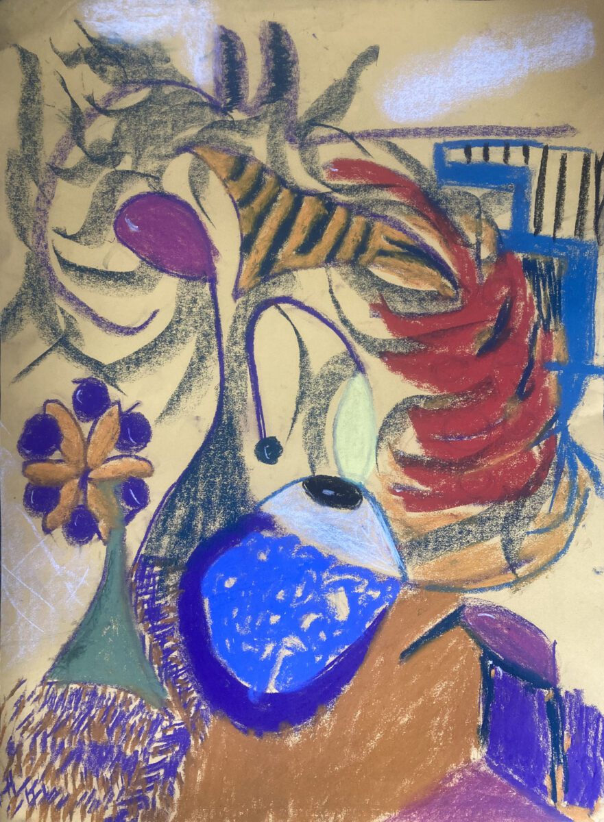 Abstract painting with colorful shapes, including a blue vase-like form, red curved elements, and a purple flower on a patterned background.