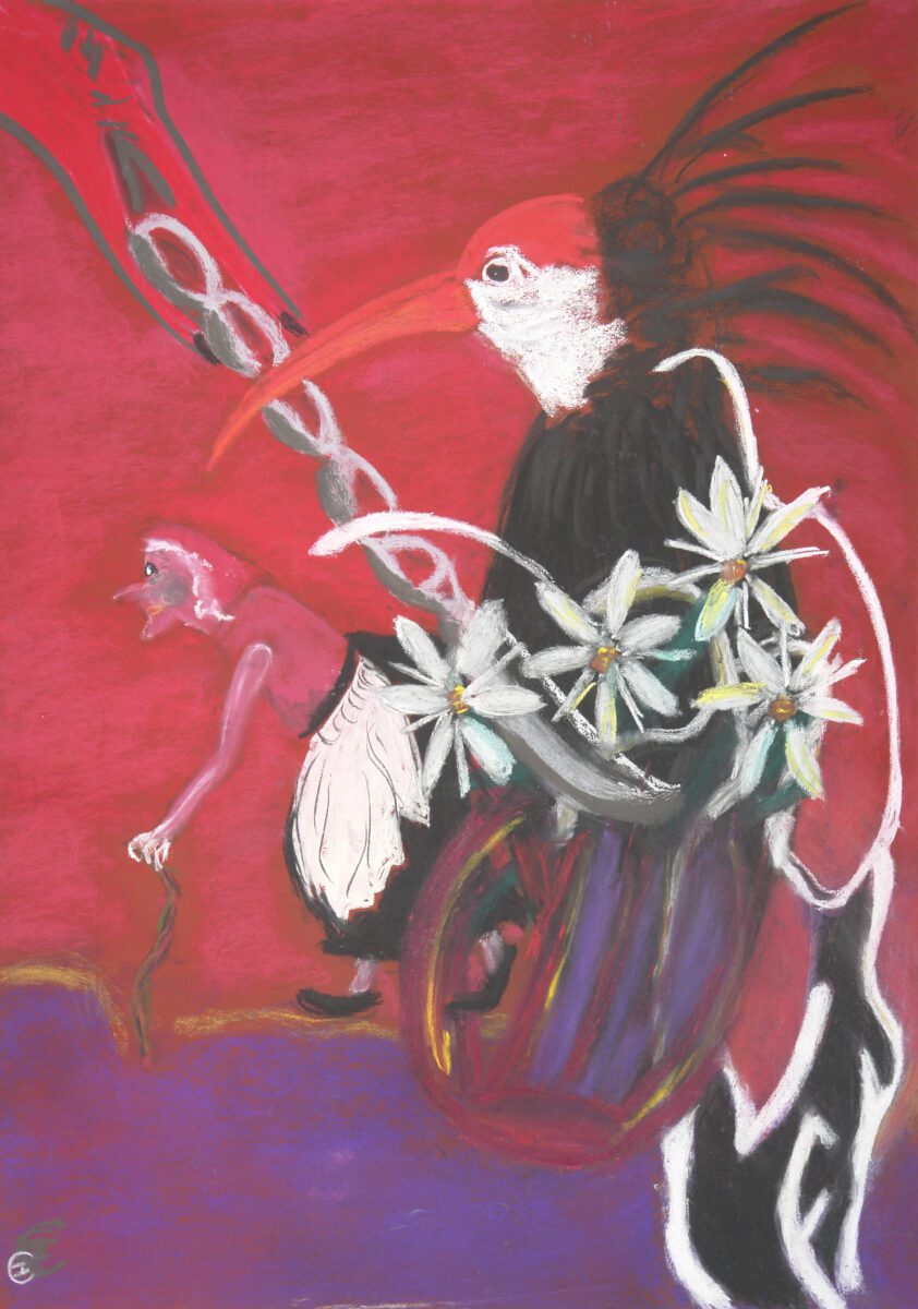 Surreal painting of a black-feathered bird with an orange beak and white flowers, beside an elderly figure with a cane, set against a red and purple background.