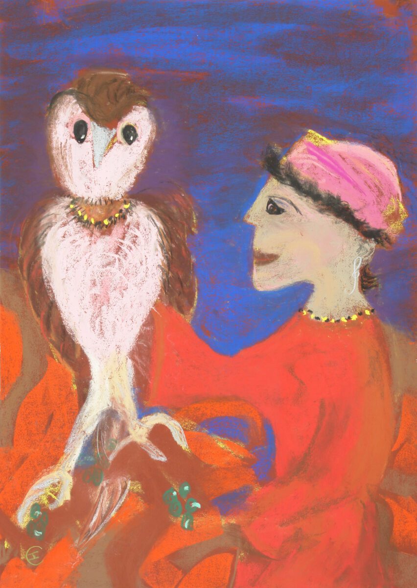 ChatGPT said: A colorful painting of a person in red with a pink headscarf holding a large owl, both adorned with jewelry, set against a deep blue background.