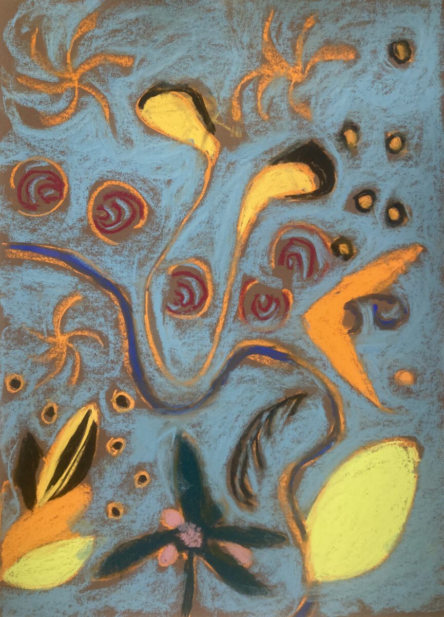 An abstract painting with a blue background, featuring swirling patterns and organic shapes in yellow, orange, red, black, and green, resembling flowers and curved lines.