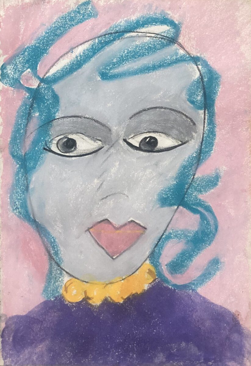 An abstract painting of a face, with blue and teal strokes resembling hair, yellow necklace and purple shirt, all set against a pink background.