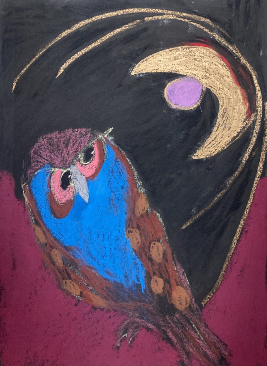 A colorful painting of an owl with a blue body, brown wings, and a pink head, perched against a dark background with a golden crescent moon and a purple circle in the sky. The foreground is deep magenta.