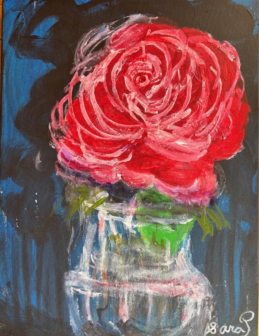 Painting of a vibrant red rose in full bloom in a clear glass vase, set against a dark blue and black background.