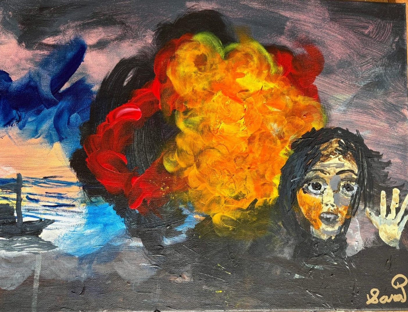 Dramatic painting of a fiery explosion in red, orange, and yellow at the center, with a serene blue and pink sky and small boat on the left, and an obscured figure with an outstretched hand on the right.
