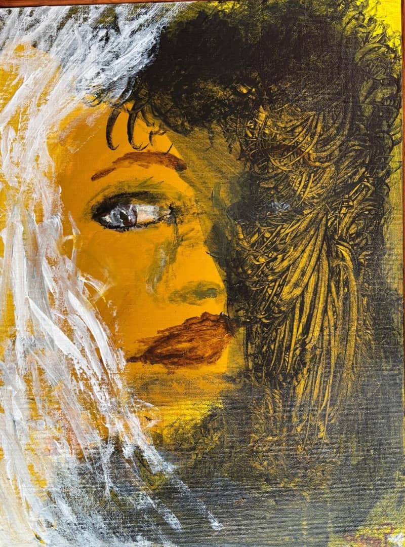 Abstract painting with a blurred face in warm yellow and orange tones, surrounded by expressive white and dark brushstrokes and intricate background patterns.