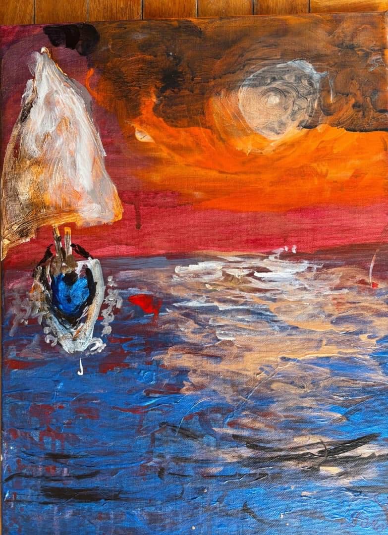 Painting of a sailboat with white sails on a vibrant blue sea under a dramatic sky transitioning from orange to dark brown, with a large circular sun or moon partially hidden by clouds.