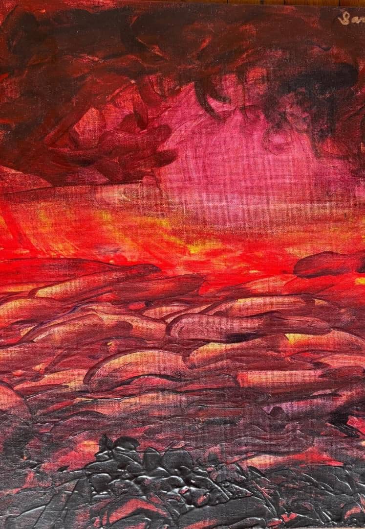 Painting with read pink and dark grey strokes building up to a smoky sky.