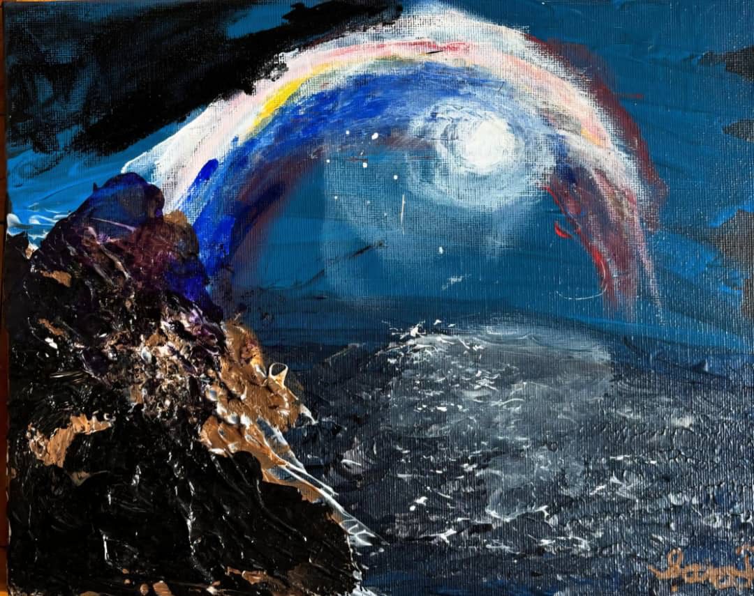 Painting of a rocky coastline at night with a bright moon, illuminated ocean waves, and a rainbow-like arc of colors across the dark sky.