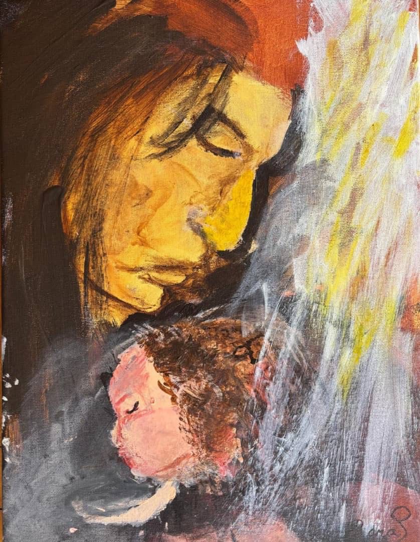 Close-up painting of a person's face with closed eyes, using warm tones of yellow, orange, and red. A small baby nustled under the person's neck. Set against a background of abstract white and yellow brushstrokes.