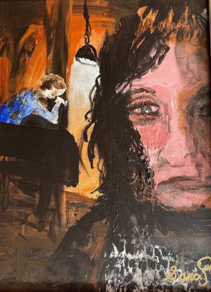 Painting of a sullen looking face up close on the right, in the background to the left a person sits with their head in their hands illuminated by an overhead light.