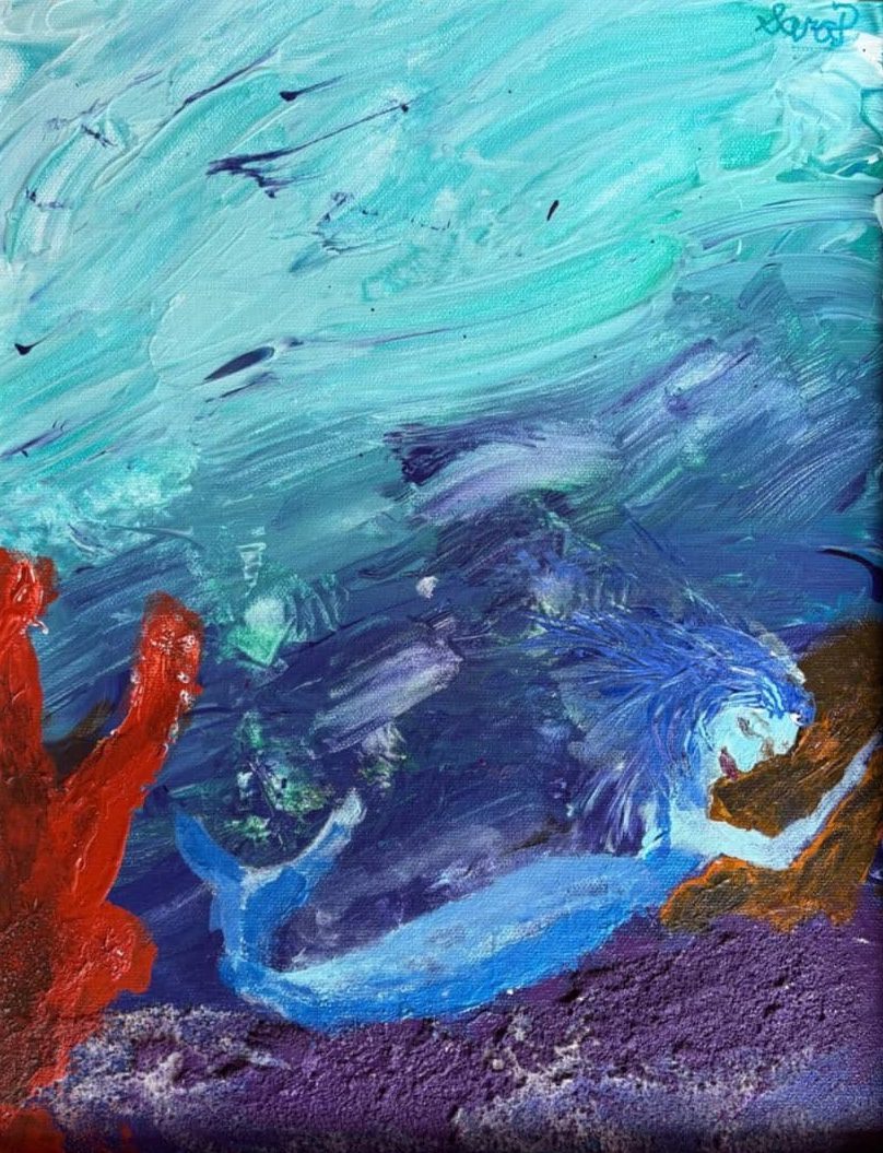 Colorful underwater painting of a mermaid swimming near the ocean floor, surrounded by abstract coral and water in shades of blue, turquoise, red, and purple.