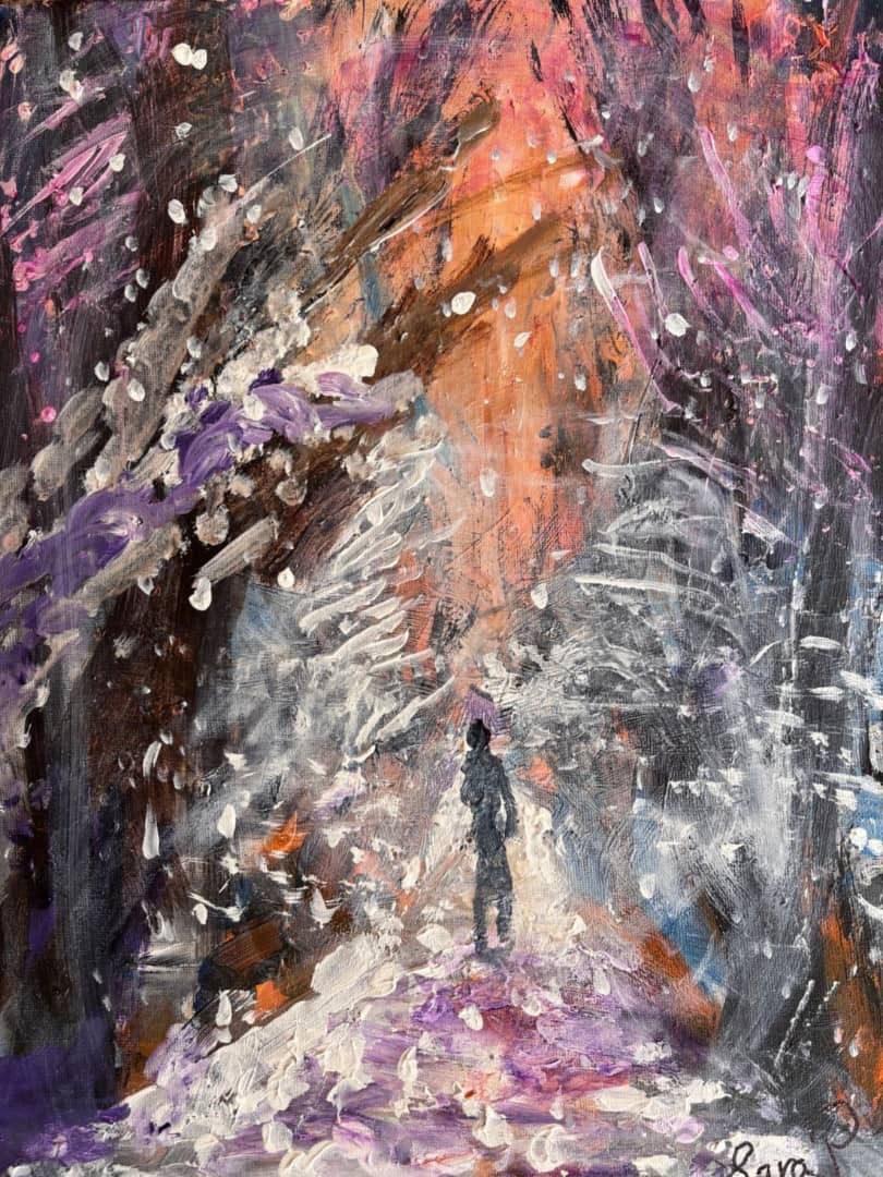 A person walks through a vibrant abstract forest with dynamic purple, orange, and white brushstrokes, surrounded by trees and light-reflecting branches.