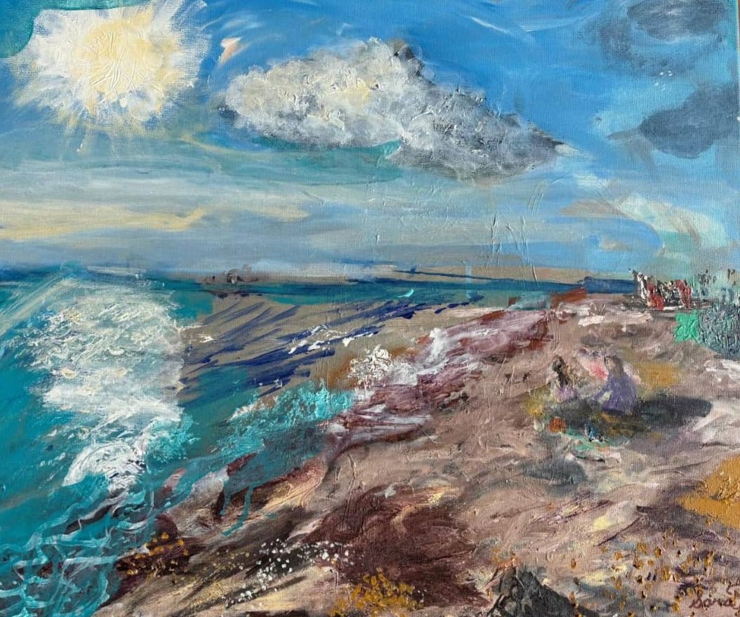 Vibrant coastal painting with a bright sun, blue sky, crashing ocean waves, and a textured rocky shore with hints of greenery.