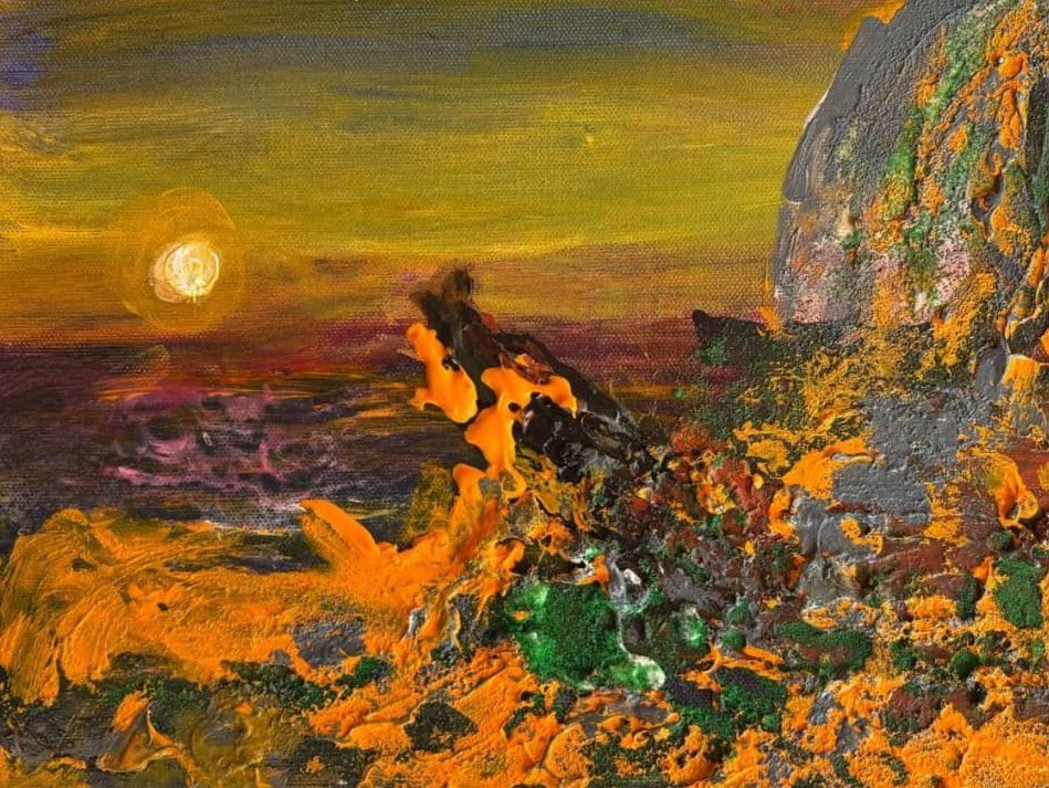 Abstract painting of a vibrant sunset with a glowing sun over a rocky landscape, featuring bold shades of yellow, orange, purple, and textured rocks in orange, green, and gray.