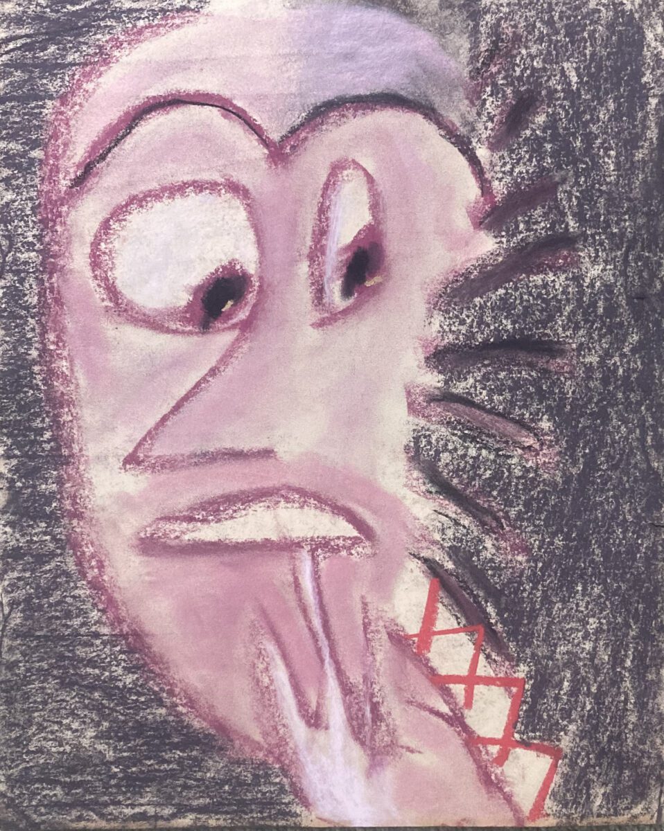 Abstract painting of a pink coloured face looking shocked surrounded by a grey backdrop.