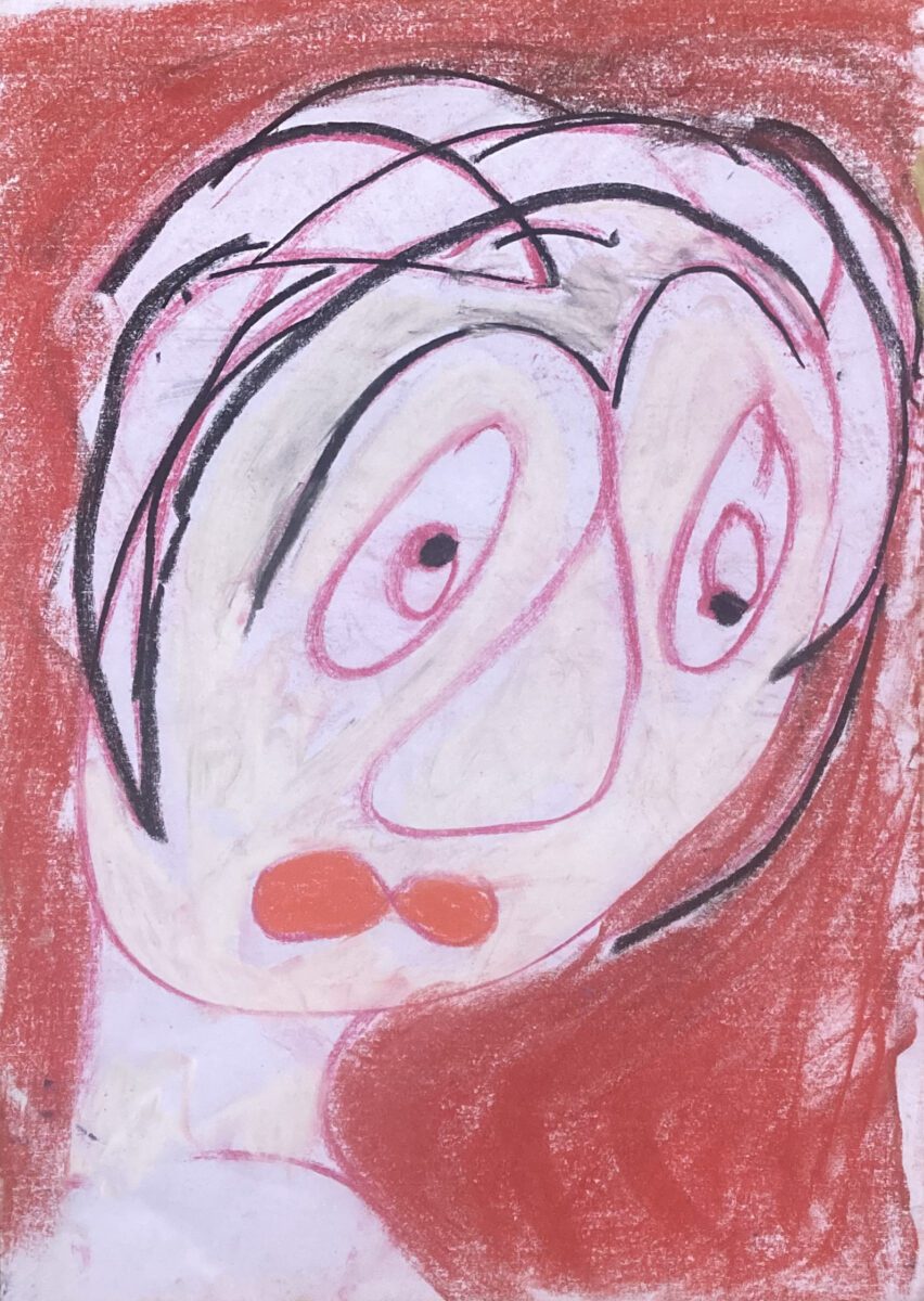 An abstract painting of a face with exaggerated features, including large eyes, a long nose, and red lips. The background is filled with red and white colors, and the face is outlined in black and pink lines.