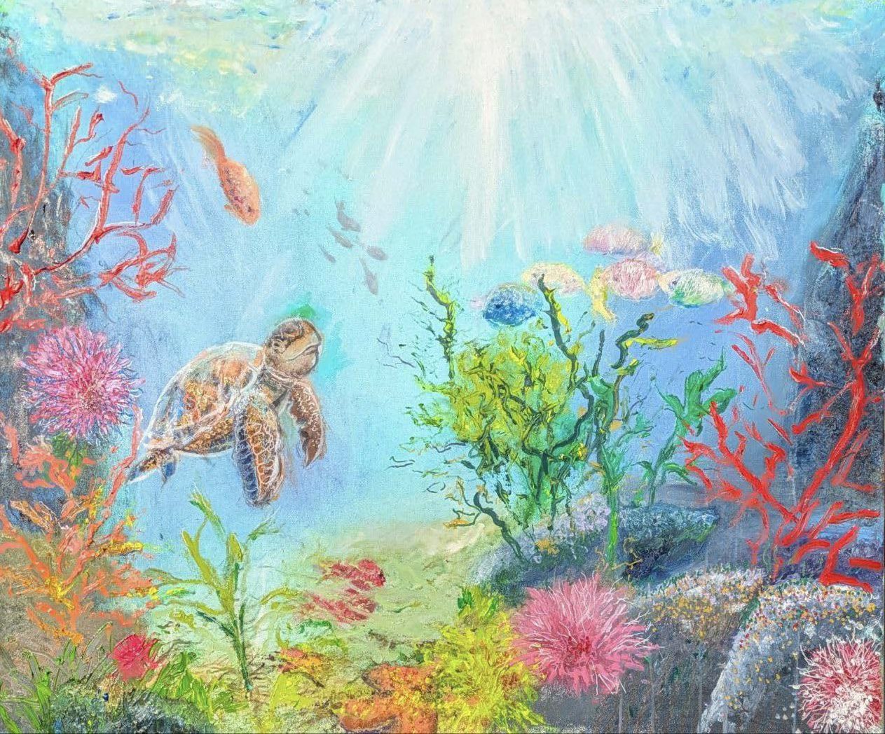 A sea turtle swims through a vibrant coral reef surrounded by colorful fish and illuminated by sunlight filtering through the water.
