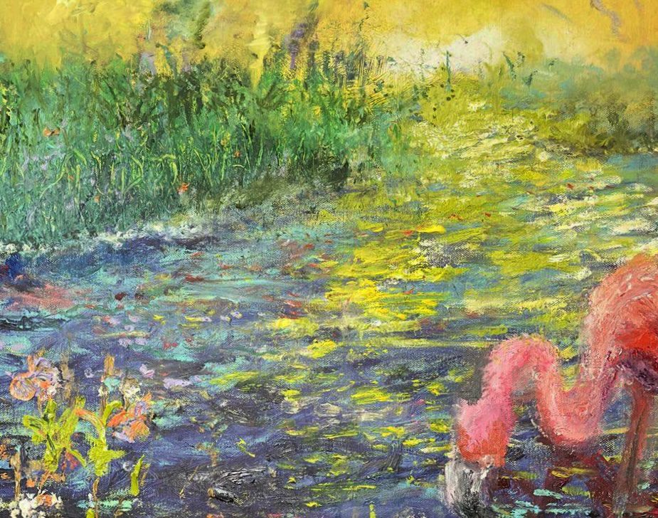 A colorful impressionist-style painting of a flamingo drinking from a vibrant pond surrounded by lush greenery and flowers.