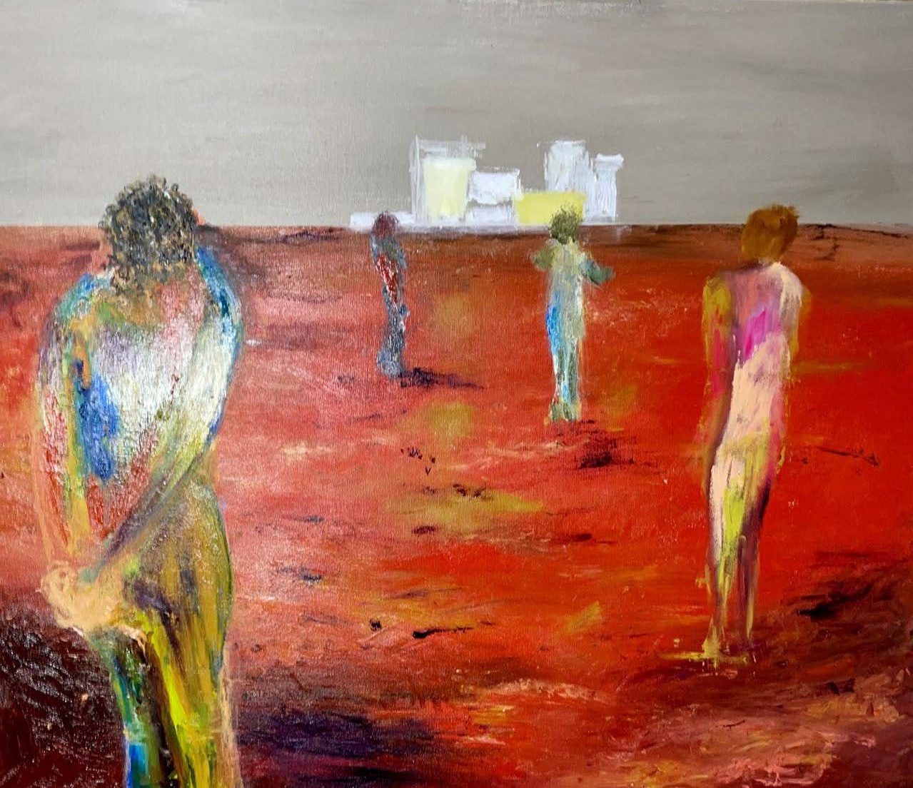 Four abstract human figures stand on a textured red landscape with geometric white and yellow shapes in the background, resembling buildings under a gray sky.