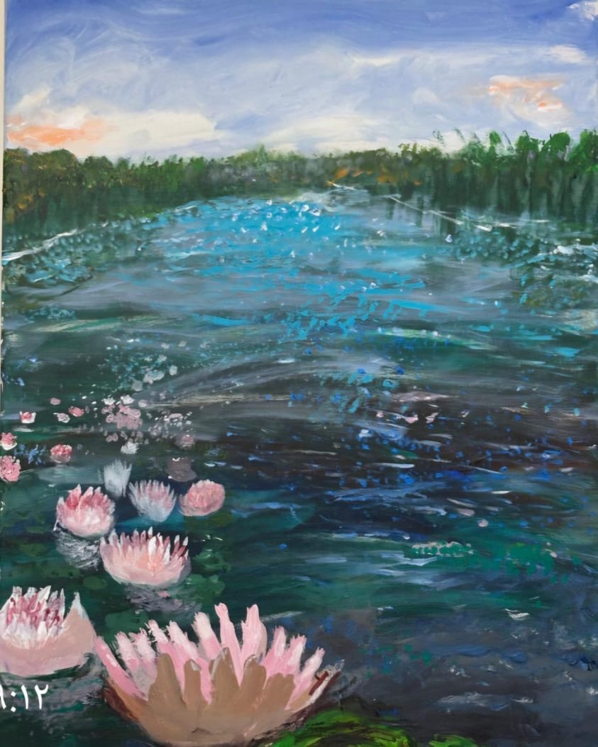 Impressionist-style painting of a tranquil lake surrounded by green trees under a blue sky, with textured blue and green water and several pink water lilies in the foreground.