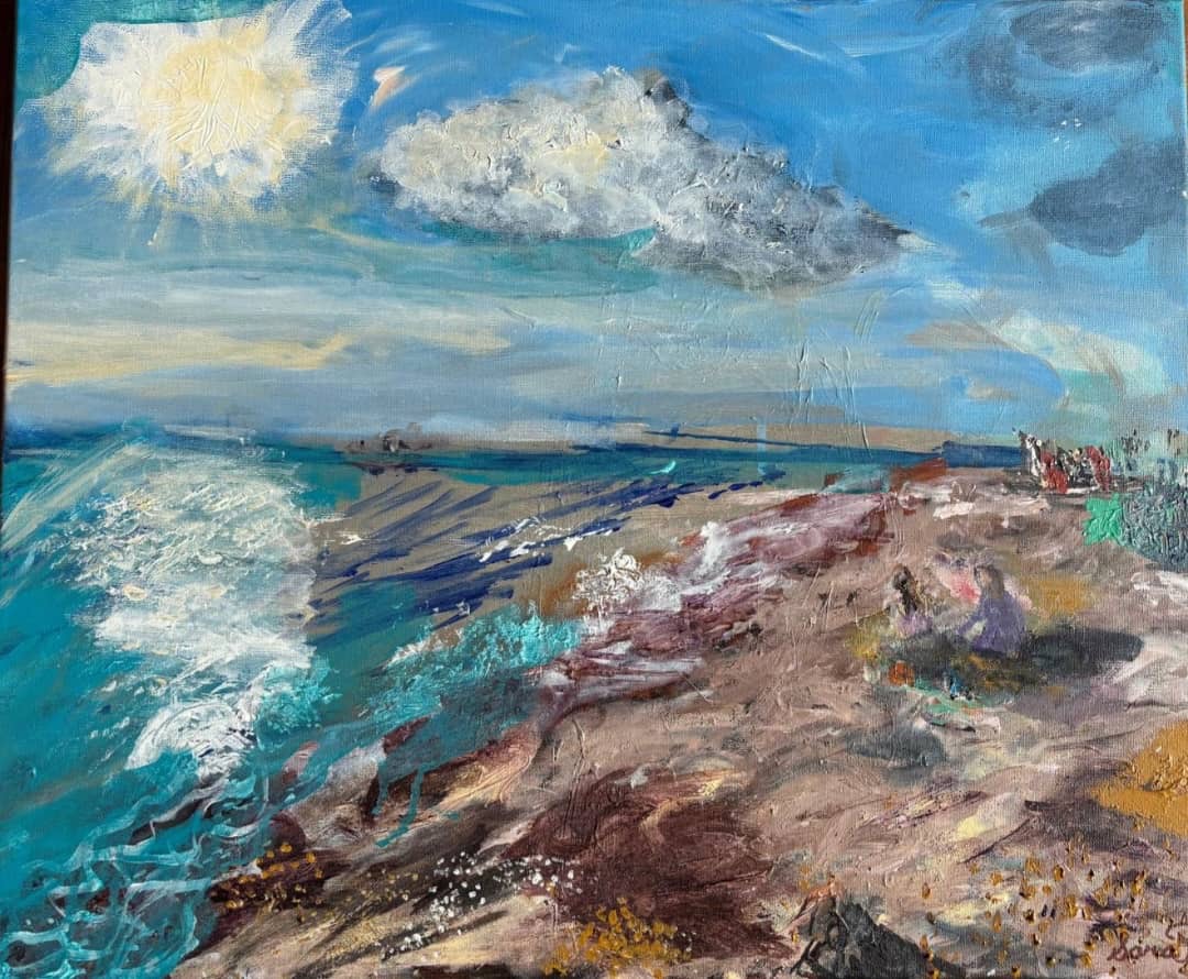 An expressive textured painting of a coastal landscape, with blue ocean waves in the foreground, a sandy shoreline, and a bright blue sky with white clouds and sunlight.