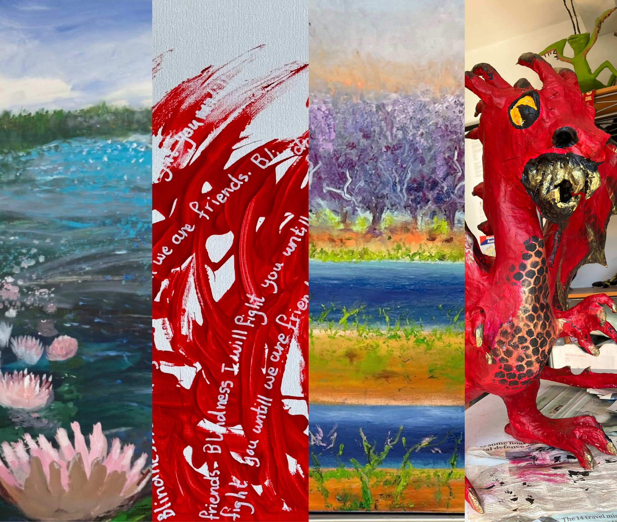 A collage showing four artworks: a soft-focus landscape painting of a blue lake with pink water lilies; a close-up painting of a white and navy hedgehog; a vibrant, textured painting of a blue peacock surrounded by colourful foliage; and a handmade red dragon sculpture with black wings, yellow eyes, sharp teeth and claws.