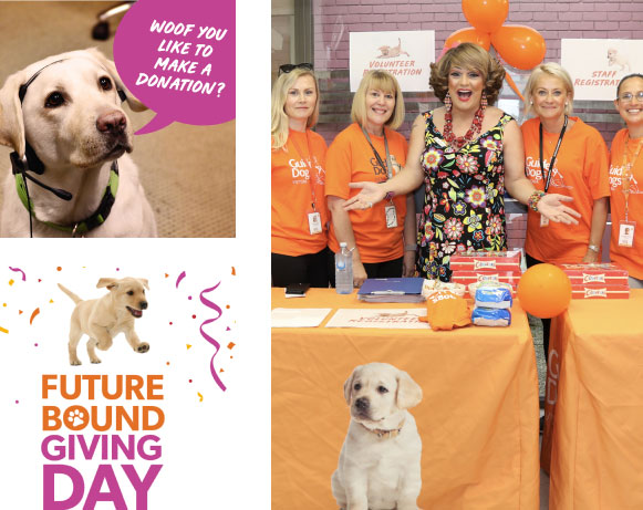 A series of imagery promoting Giving Day including: Giving Day marketing material and an image of Guide Dogs volunteers and staff at a registration table