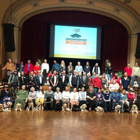 A large group of people and Labradors in a hall looking at the camera with a Graduation banner behind them