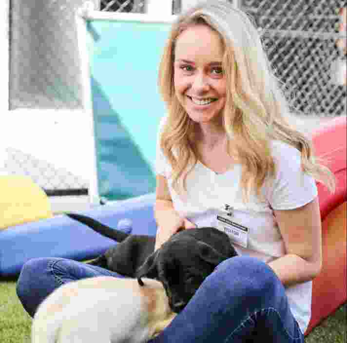 A person sitting outside smiling at the camera while two eight week old puppies, one yellow and one black, play together in their lap.