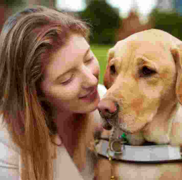 Close up of a person with their Guide Dog, who is caramel in colour and in harness. The person is smiling at the dog.