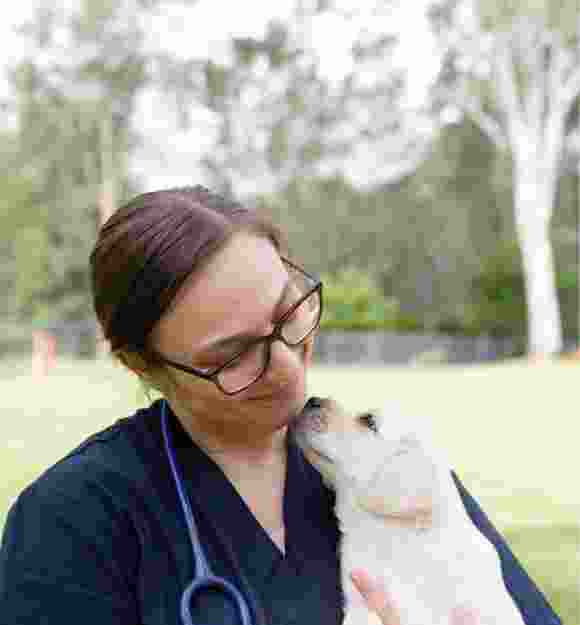 A vet looking down at a yellow Labrador puppy, who is sniffing her face.